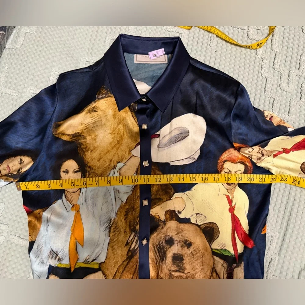 Double D Ranch Button-Up Shirt with Print in Navy and Cream - Picture 3 of 6